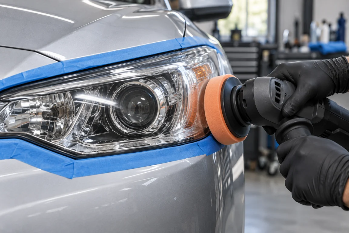 Koplamp polijsten met een polijstmachine – illustratie van de behandeling